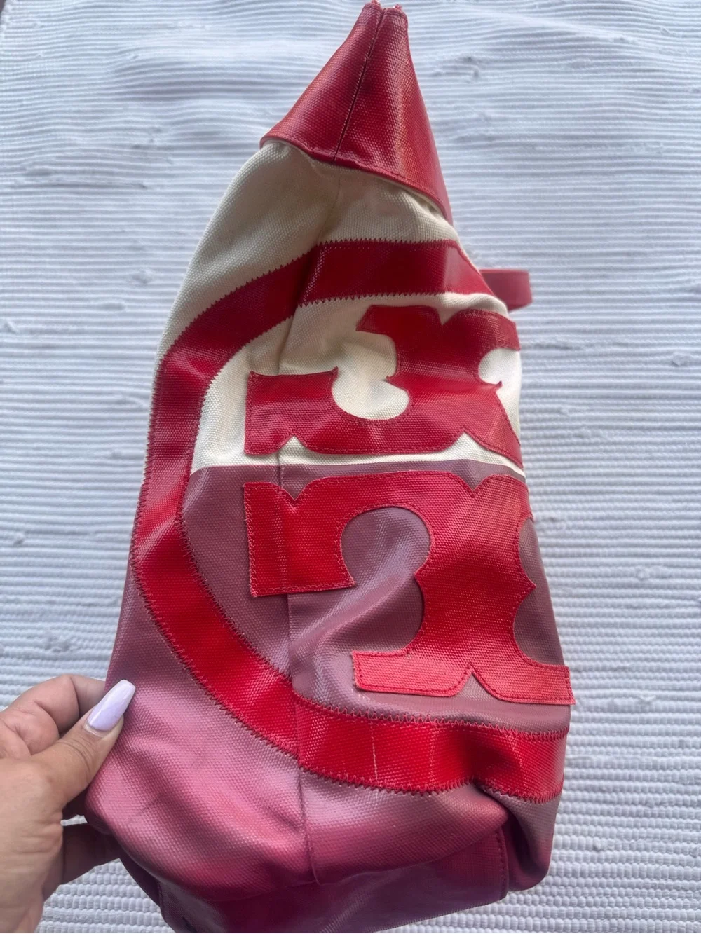 Tory Burch Ella Tote Red Canvas Beach Travel Bag Large Fair Condition